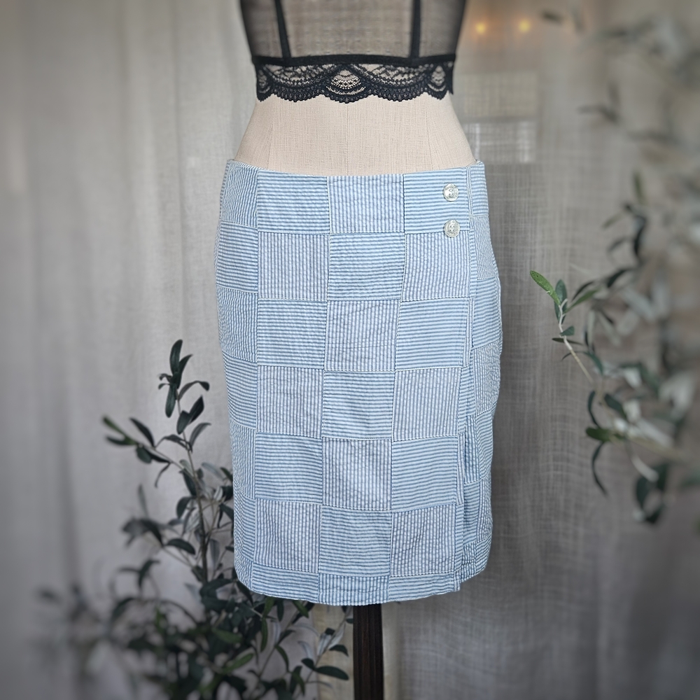 Striped Patchwork Light Blue Pencil Skirt Skort with Button Detail